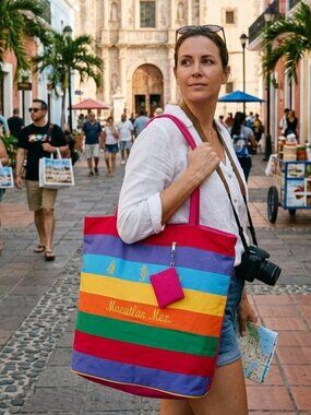 Vibrant Mazatlan Mexico Nautical Embroidered Beach Tote with Matching Pouch